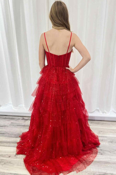 Sparkly Sweetheart Neck Ruched Red Long Prom Dress, Red Tulle Formal Graduation Evening Dress A2271