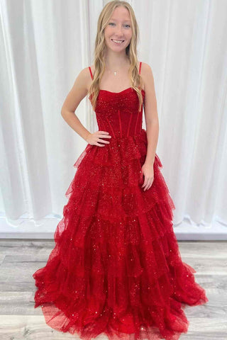 Sparkly Sweetheart Neck Ruched Red Long Prom Dress, Red Tulle Formal Graduation Evening Dress A2271