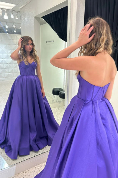 Strapless A Line Purple/Yellow Satin Long Prom Dress, Long Purple/Yellow Formal Graduation Evening Dress A2309