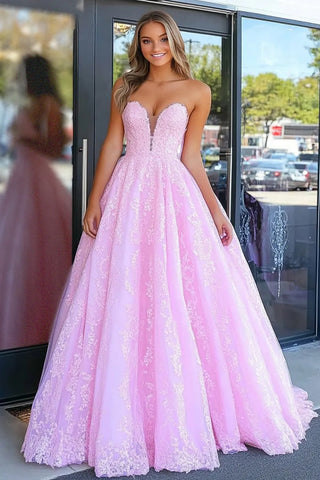 Strapless A Line V Neck Pink Lace Long Prom Dress, Pink Lace Formal Graduation Evening Dress A2294