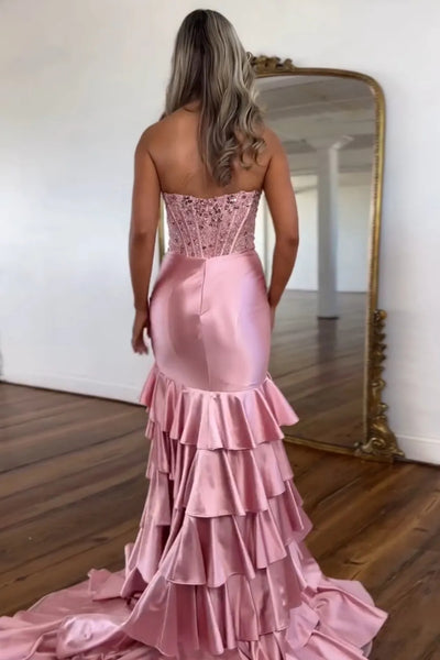 Strapless High Slit Layered Pink/Lilac Lace Long Prom Dress, Long Pink/Lilac Formal Evening Dress with Train A2289