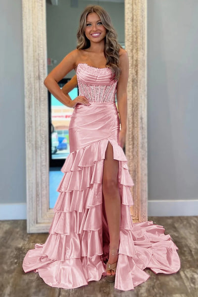 Strapless High Slit Layered Pink/Lilac Lace Long Prom Dress, Long Pink/Lilac Formal Evening Dress with Train A2289