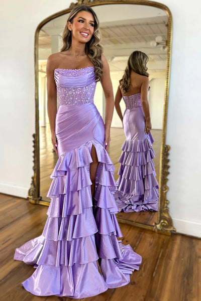 Strapless High Slit Layered Pink/Lilac Lace Long Prom Dress, Long Pink/Lilac Formal Evening Dress with Train A2289