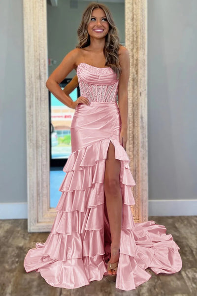 Strapless High Slit Layered Pink/Lilac Lace Long Prom Dress, Long Pink/Lilac Formal Evening Dress with Train A2289