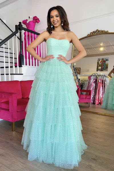 Strapless High Slit Ruffle Green Long Prom Dress, Floor length Green Formal Graduation Evening Dress A2264