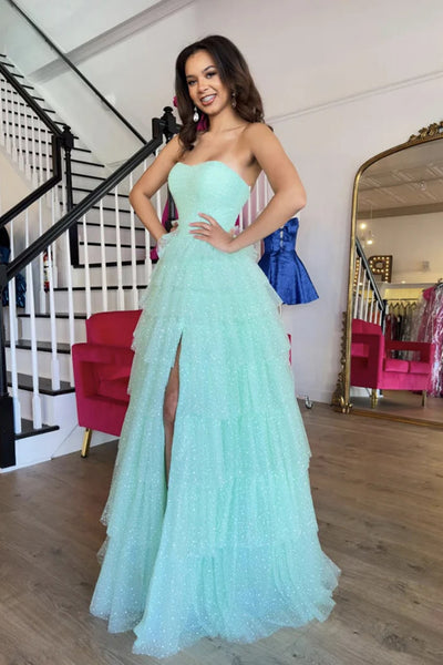 Strapless High Slit Ruffle Green Long Prom Dress, Floor length Green Formal Graduation Evening Dress A2264