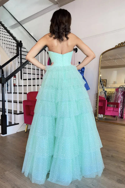 Strapless High Slit Ruffle Green Long Prom Dress, Floor length Green Formal Graduation Evening Dress A2264