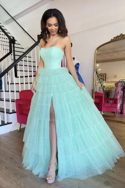 Strapless High Slit Ruffle Green Long Prom Dress, Floor length Green Formal Graduation Evening Dress A2264