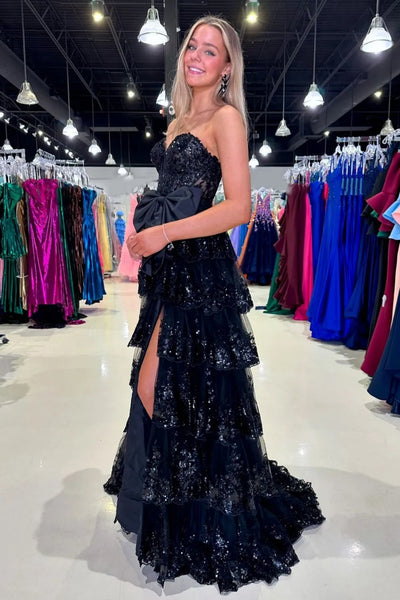 Strapless Layered Black Lace Long Prom Dress with High Slit, Black Lace Formal Dress, Long Black Evening Dress A2216