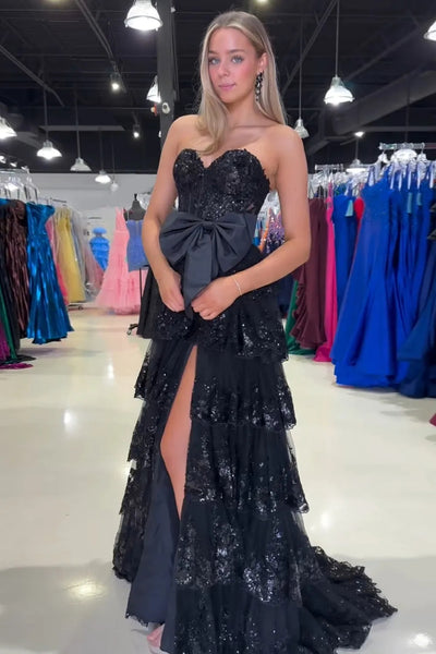 Strapless Layered Black Lace Long Prom Dress with High Slit, Black Lace Formal Dress, Long Black Evening Dress A2216