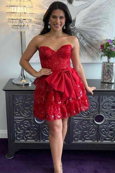 Strapless Layered Pink/Red Lace Short Prom Dress, Pink/Red Lace Homecoming Dress, Lace Formal Evening Dress A2187