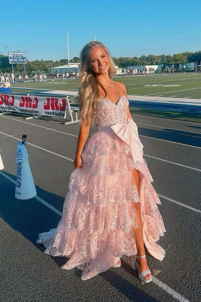 Strapless Layered Red/Blue/Pink Lace Long Prom Dress with High Slit, Red/Blue/Pink Lace Formal Evening Dress A2229