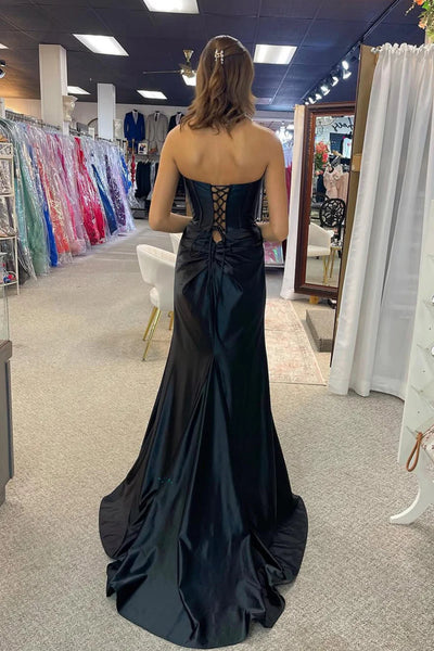 Strapless Mermaid Black Satin Long Prom Dress with High Slit, Mermaid Black Formal Graduation Evening Dress A2302