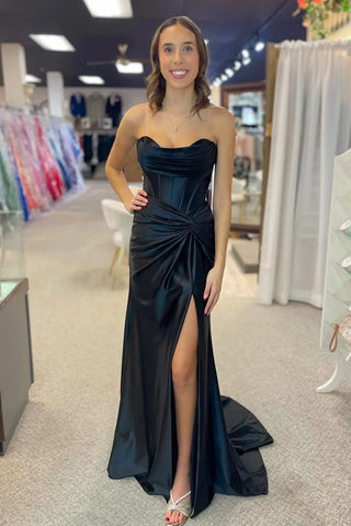 Strapless Mermaid Black Satin Long Prom Dress with High Slit, Mermaid Black Formal Graduation Evening Dress A2302