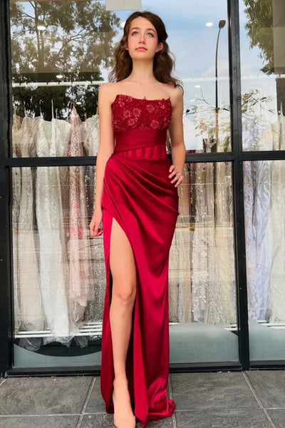 Strapless Mermaid Burgundy Lace Long Prom Dress with Side Slit, Mermaid Burgundy Formal Dress, Wine Red Lace Evening Dress A2247