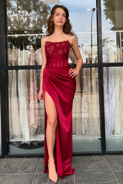 Strapless Mermaid Burgundy Lace Long Prom Dress with Side Slit, Mermaid Burgundy Formal Dress, Wine Red Lace Evening Dress A2247