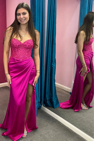 Strapless Mermaid Fuchsia/Green Lace Long Prom Dress, High Slit Fuchsia/Green Lace Formal Graduation Evening Dress A2269