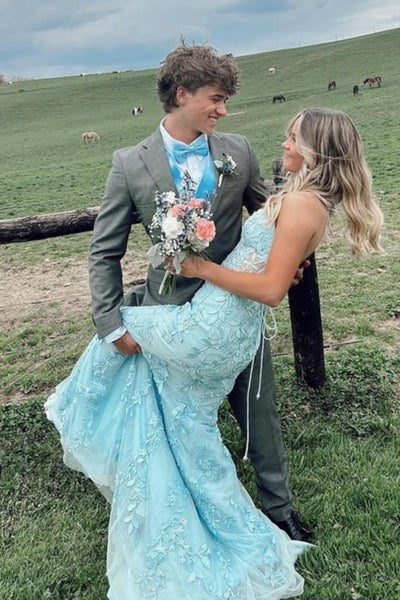 Strapless Mermaid Light Blue Lace Long Prom Dress, Light Blue Lace Formal Dress, Mermaid Lace Evening Dress A2223