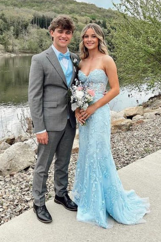 Strapless Mermaid Light Blue Lace Long Prom Dress, Light Blue Lace Formal Dress, Mermaid Lace Evening Dress A2223