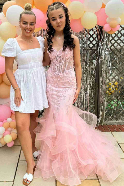 Strapless Mermaid Pink Lace Floral Long Prom Dress, Pink Lace Formal Dress, Pink Evening Dress