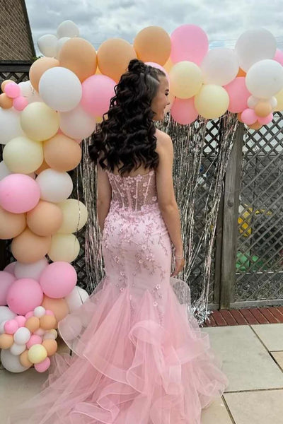 Strapless Mermaid Pink Lace Floral Long Prom Dress, Pink Lace Formal Dress, Pink Evening Dress