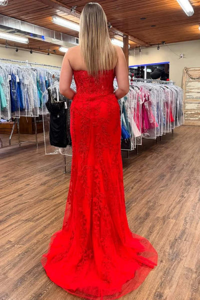 Strapless Mermaid Red Lace Long Prom Dress with High Slit, Mermaid Red Formal Dress, Red Lace Evening Dress