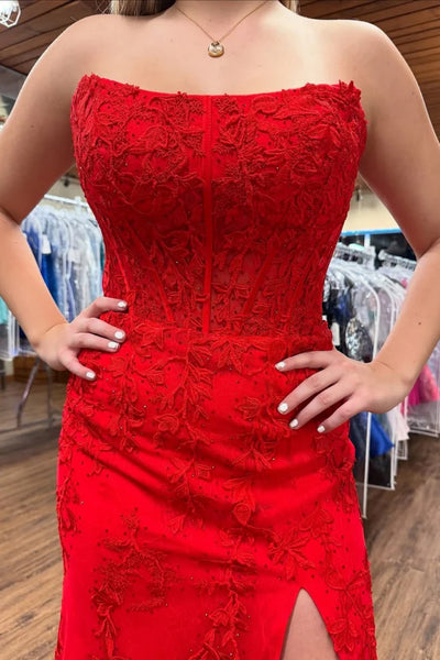 Strapless Mermaid Red Lace Long Prom Dress with High Slit, Mermaid Red Formal Dress, Red Lace Evening Dress