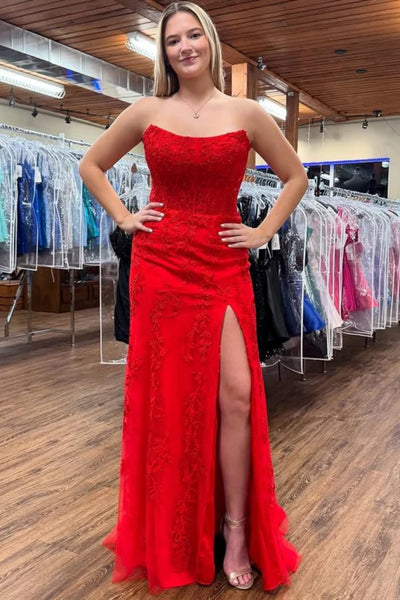 Strapless Mermaid Red Lace Long Prom Dress with High Slit, Mermaid Red Formal Dress, Red Lace Evening Dress