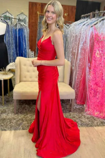 Strapless Mermaid Red Long Prom Dress with High Slit, Mermaid Red Formal Graduation Evening Dress A2281