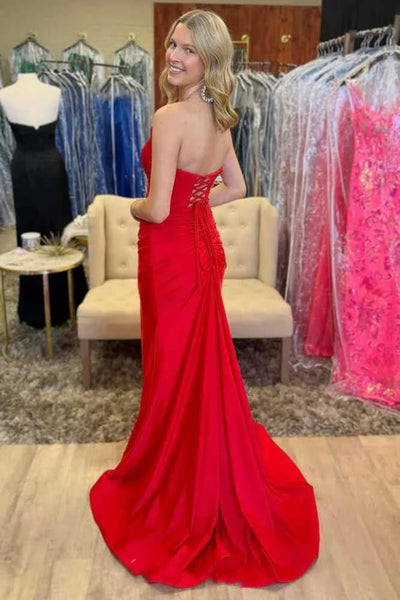 Strapless Mermaid Red Long Prom Dress with High Slit, Mermaid Red Formal Graduation Evening Dress A2281