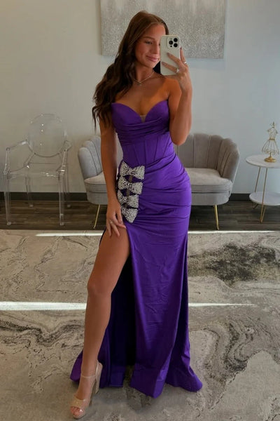 Strapless Mermaid Rhinestone Bowknot High Slit Purple Long Prom Dress, Mermaid Purple Formal Graduation Evening Dress A2285