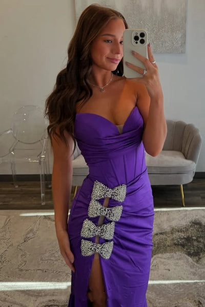 Strapless Mermaid Rhinestone Bowknot High Slit Purple Long Prom Dress, Mermaid Purple Formal Graduation Evening Dress A2285