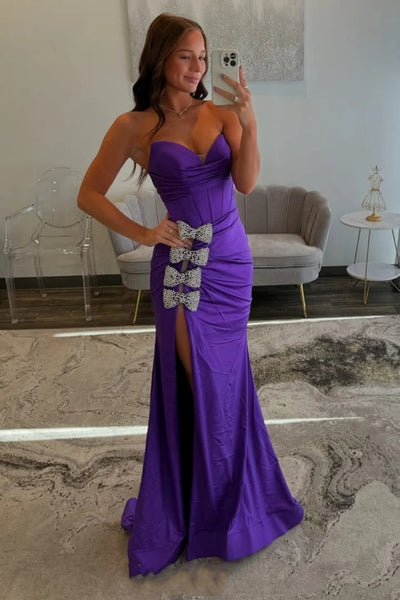 Strapless Mermaid Rhinestone Bowknot High Slit Purple Long Prom Dress, Mermaid Purple Formal Graduation Evening Dress A2285