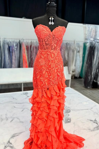 Strapless Mermaid Ruffle Orange Lace Long Prom Dress, Mermaid Orange Formal Dress, Orange Lace Evening Dress