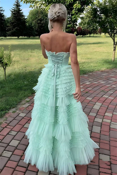 Strapless Mint Green Tulle Long Prom Dresses, Mint Green Formal Graduation Evening Dress A2255