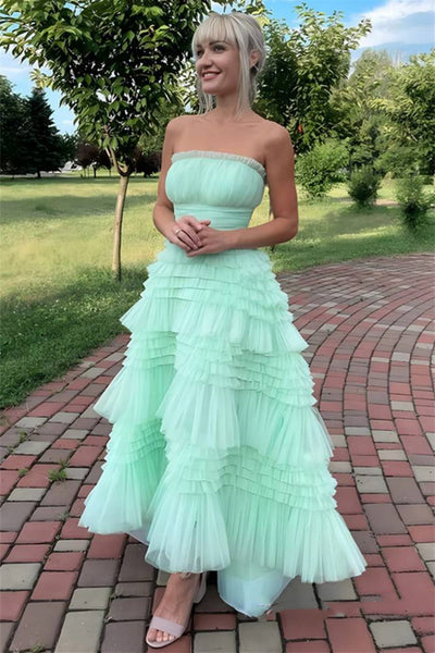 Strapless Mint Green Tulle Long Prom Dresses, Mint Green Formal Graduation Evening Dress A2255