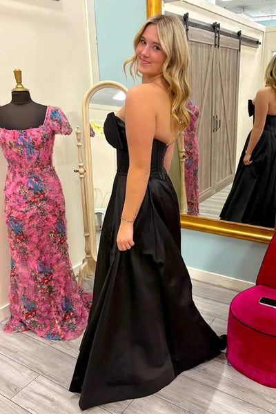 Strapless Open Back High Slit Black Satin Long Prom Dress, Strapless Black Formal Graduation Evening Dress A2306