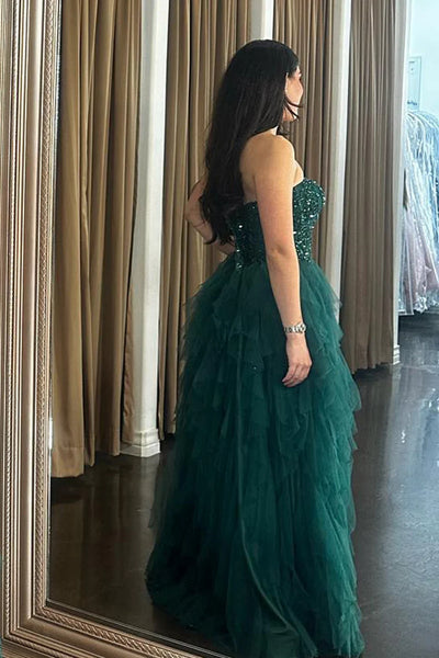 Strapless Ruffle Green Lace Long Prom Dress with High Slit, Green Lace Formal Dress, Green Evening Dress A2310