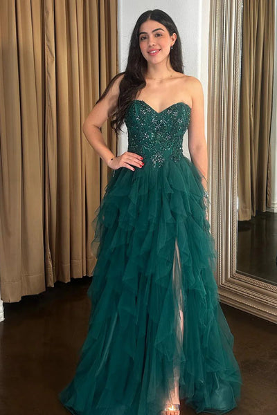 Strapless Ruffle Green Lace Long Prom Dress with High Slit, Green Lace Formal Dress, Green Evening Dress A2310