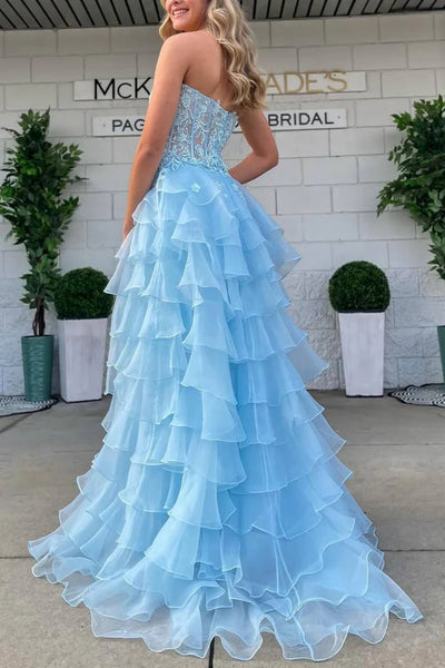 Strapless Sweetheart Neck Light Blue Lace Long Prom Dress with High Slit, Light Blue Lace Formal Graduation Evening Dress