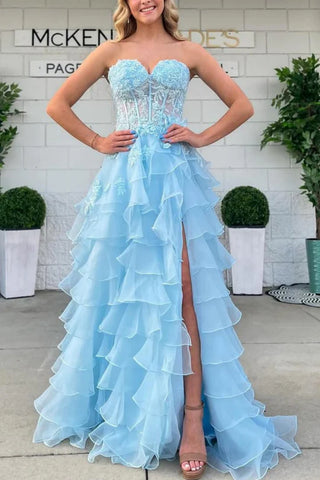 Strapless Sweetheart Neck Light Blue Lace Long Prom Dress with High Slit, Light Blue Lace Formal Graduation Evening Dress