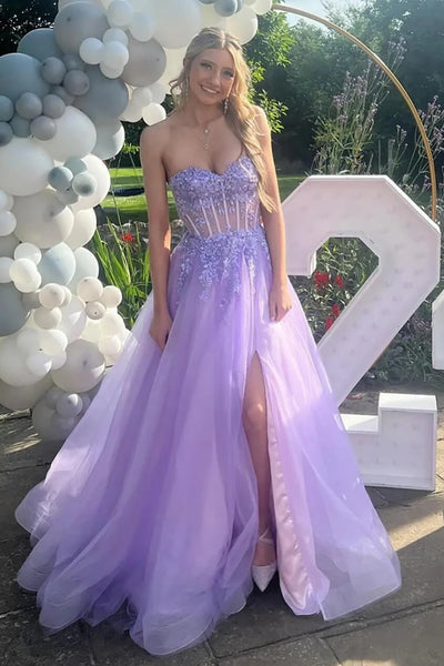 Strapless Sweetheart Neck Lilac Lace Long Prom Dress with High Slit, Lilac Lace Formal Dress, Purple Evening Dress A2240