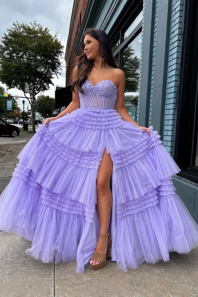 Strapless Sweetheart Neck Lilac Lace Long Prom Dress with High Slit, Purple Lace Formal Dress, Lilac Evening Dress