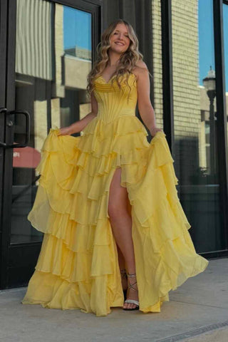 Strapless Sweetheart Neck Yellow Layered Prom Dress with High Slit, Long Yellow Formal Graduation Evening Dress A2228