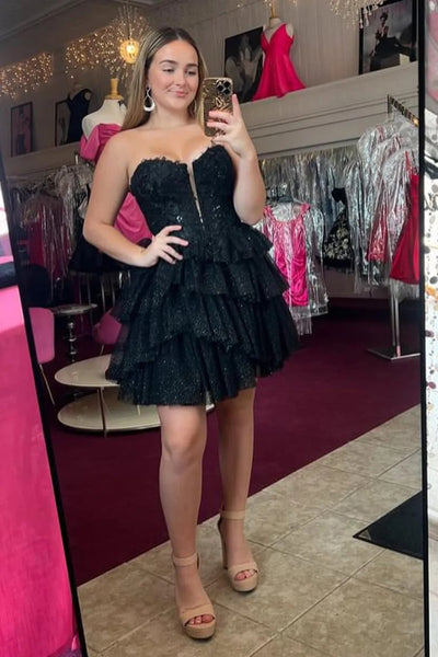 Strapless V Neck Layered Black Lace Short Prom Dress, Black Lace Homecoming Dress, Black Formal Graduation Evening Dress A2211