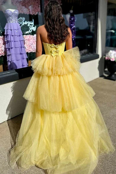 Strapless V Neck Layered Yellow Tulle Long Prom Dress, Yellow Formal Evening Dress, Ball Gown