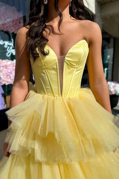 Strapless V Neck Layered Yellow Tulle Long Prom Dress, Yellow Formal Evening Dress, Ball Gown