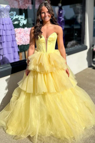 Strapless V Neck Layered Yellow Tulle Long Prom Dress, Yellow Formal Evening Dress, Ball Gown