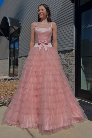 Stylish A Line Ruffle Pink Long Prom Dress with Bow, White Formal Graduation Evening Dress