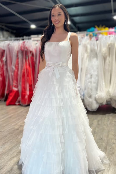 Stylish A Line Ruffle White Long Prom Dress, White Formal Graduation Evening Dress